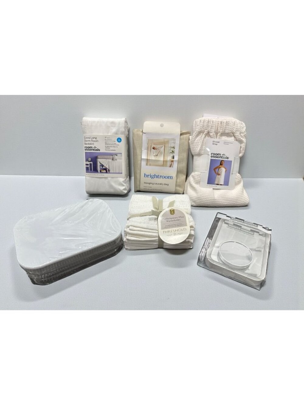 Dorm & Bath Essentials Bundle: Bedskirt, Shower Wrap, Washcloths, Laundry Bag, V